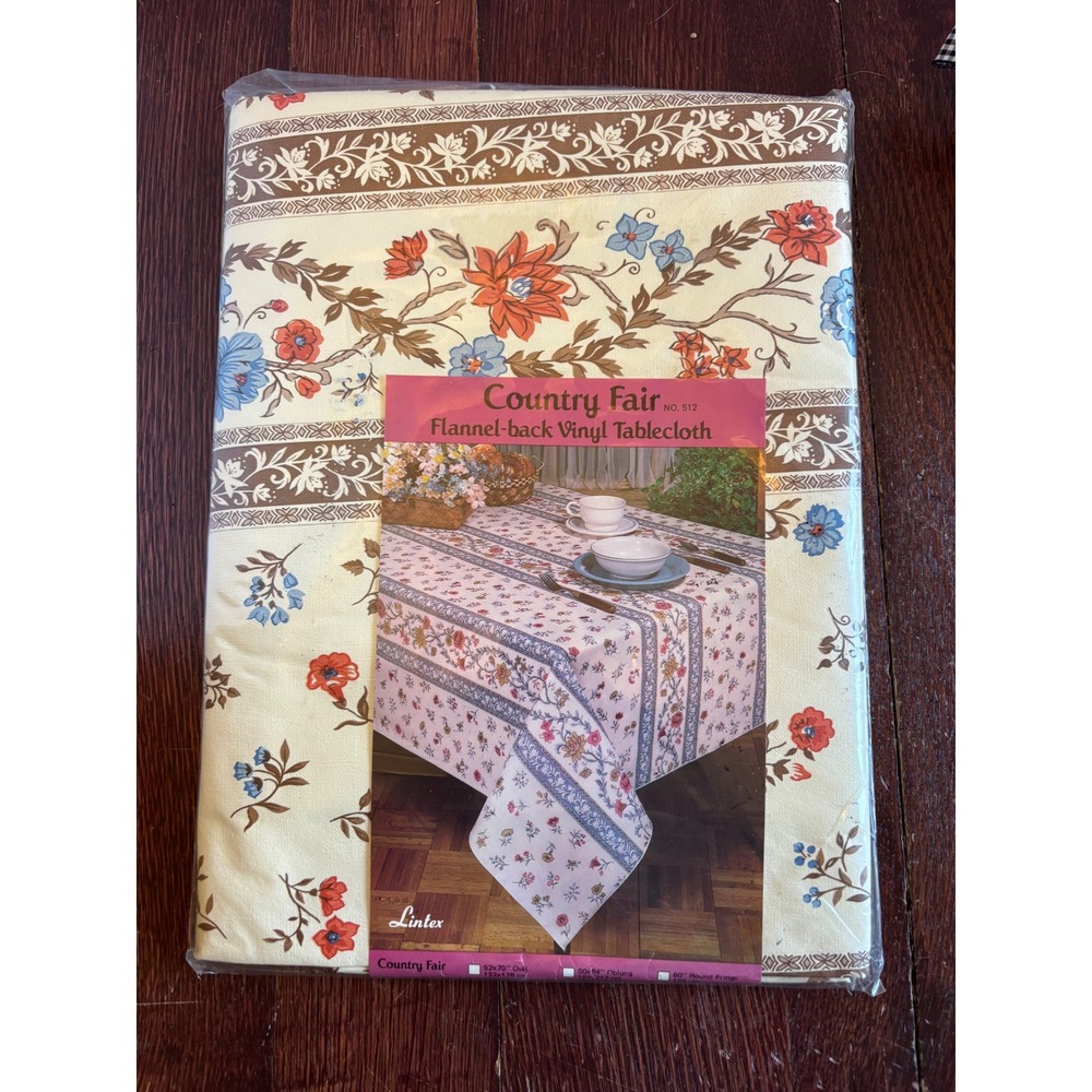 Lintex Country Fair 60 Inch Round Flannel Back Vinyl Tablecloth Floral Cream NEW